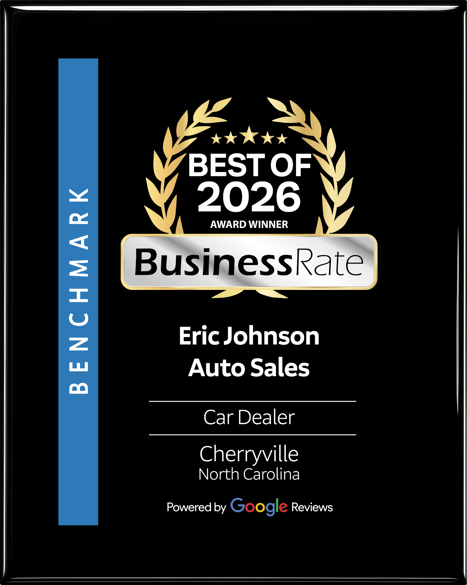 BusinessRate Best of 2026 Car Dealer Award for Eric Johnson Auto Sales in Cherryville, North Carolina